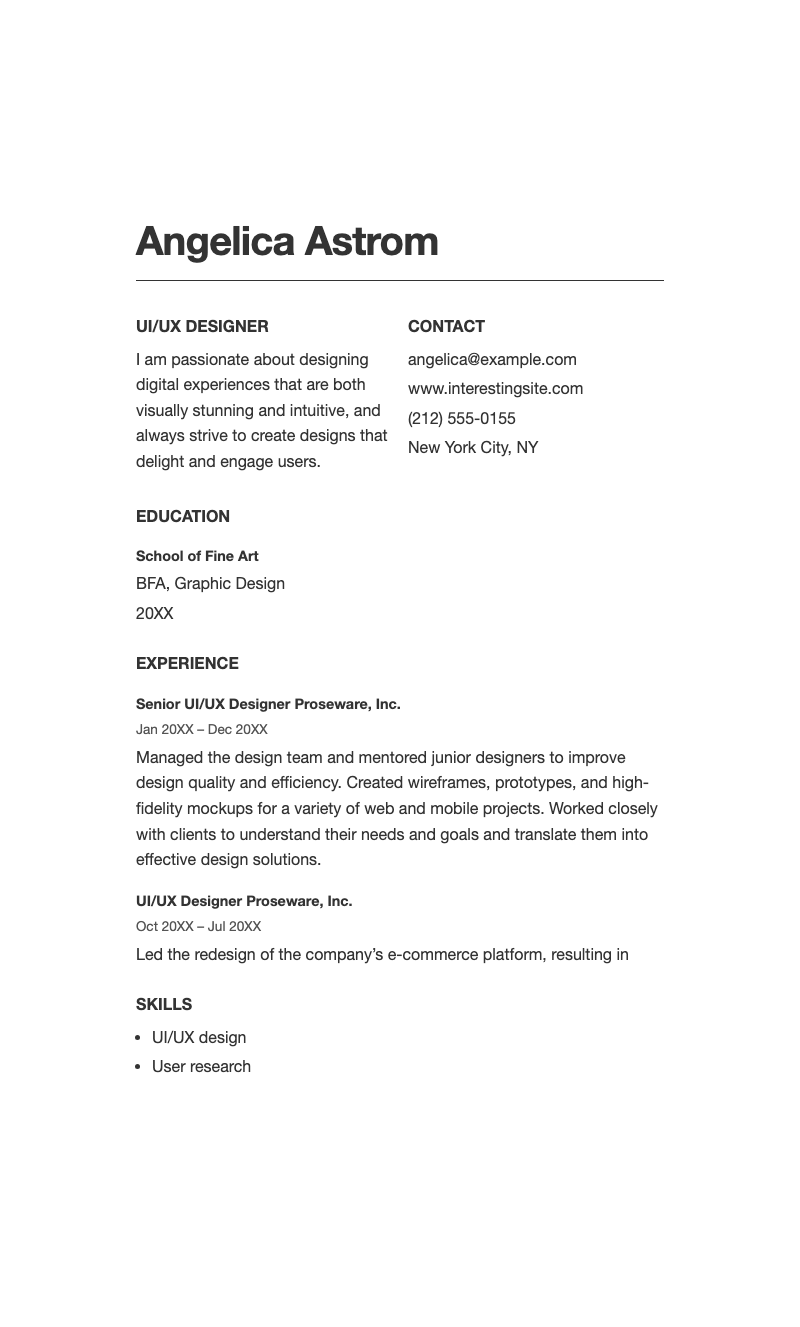 Classic UIUX designer resume - Elegant, minimal resume for UI/UX designers. Ideal for creative pros, highlights portfolio contacts, experience, skills.